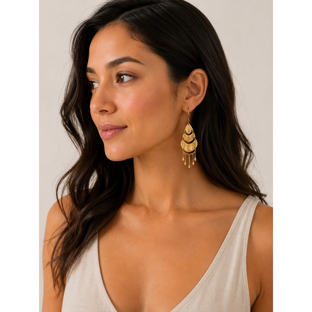Gold Tone Tiered Chandelier Drop Earrings Women OS Boho Embossed Sun Dangle